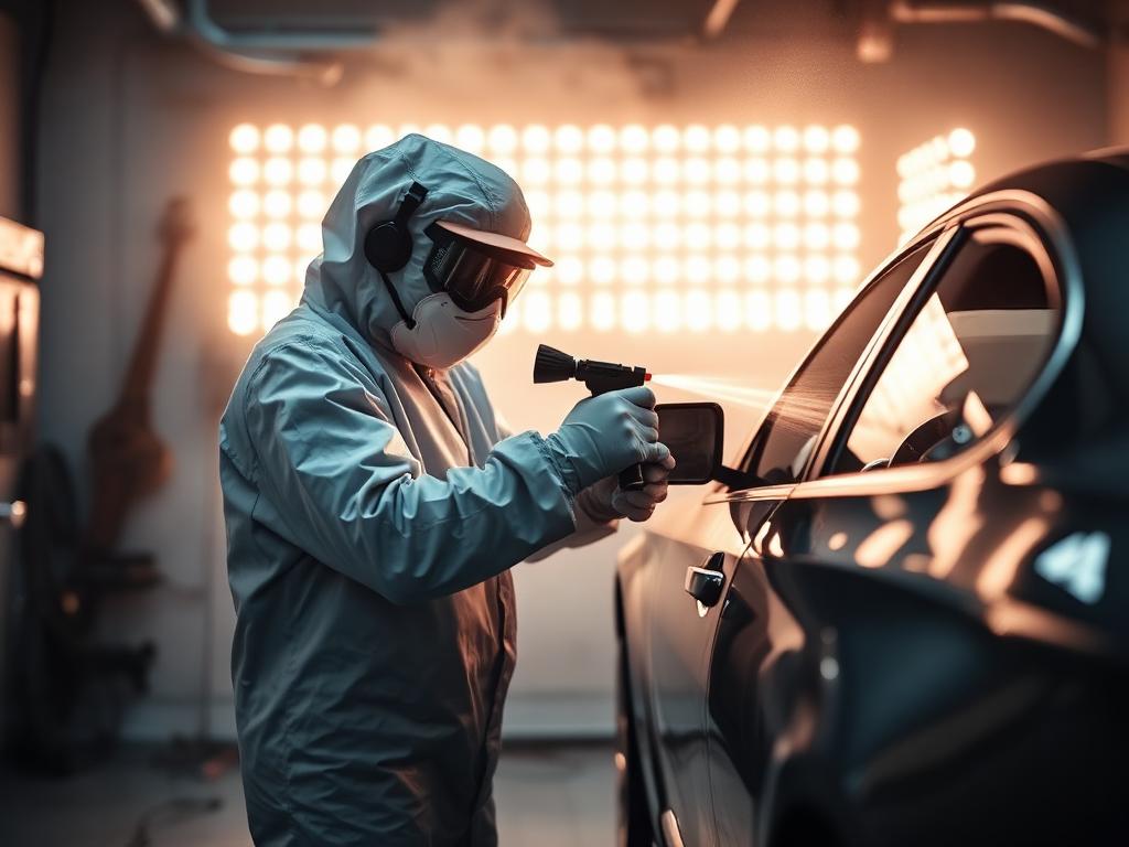 Car panel being spray painted in the paint booth
